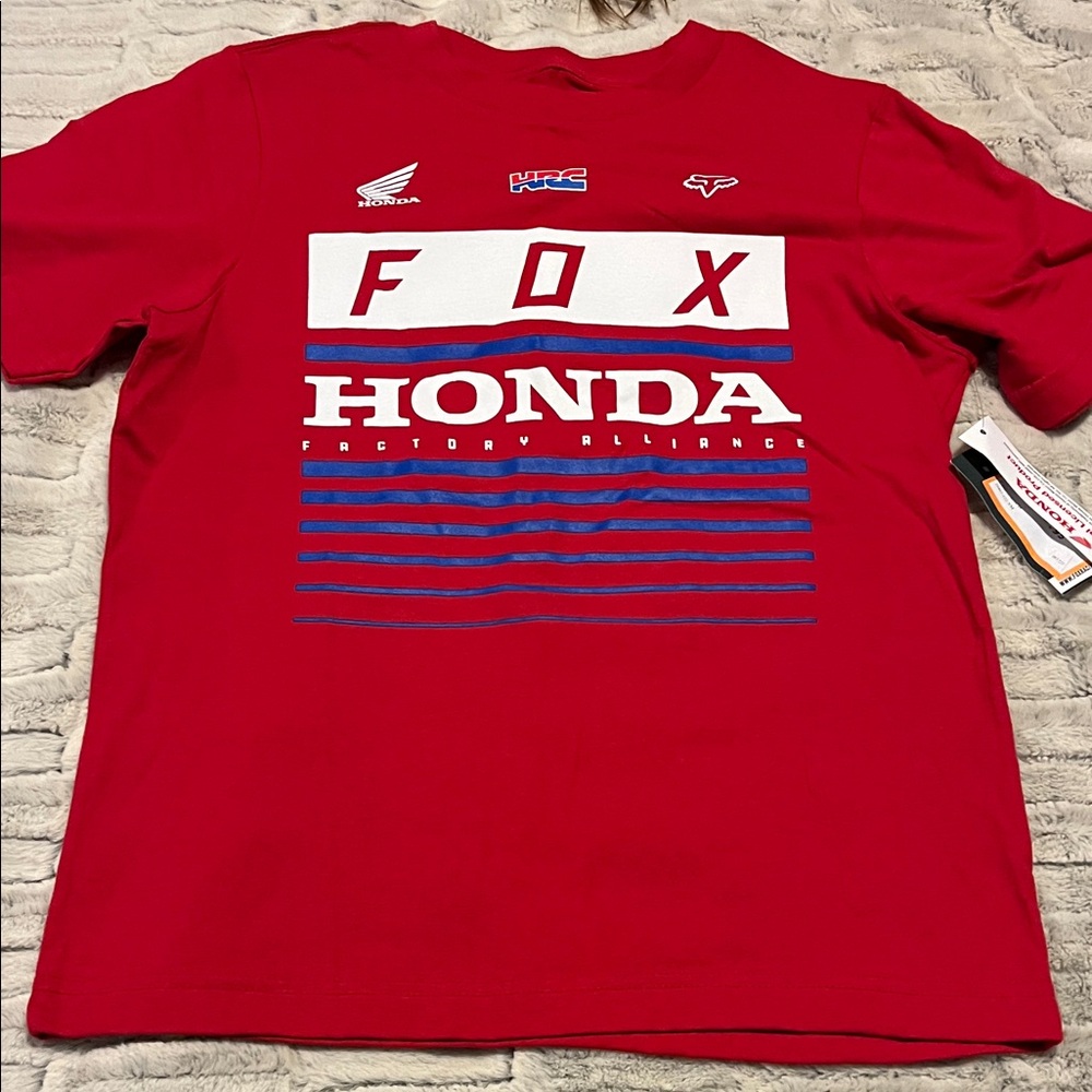 Fox Red Short Sleeve Tee with Blue and White Graphics
